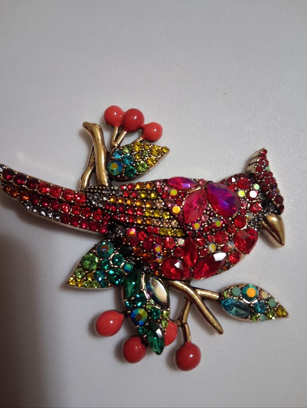 multicolor rhinestone cardinal bird brooch. Magnet Back